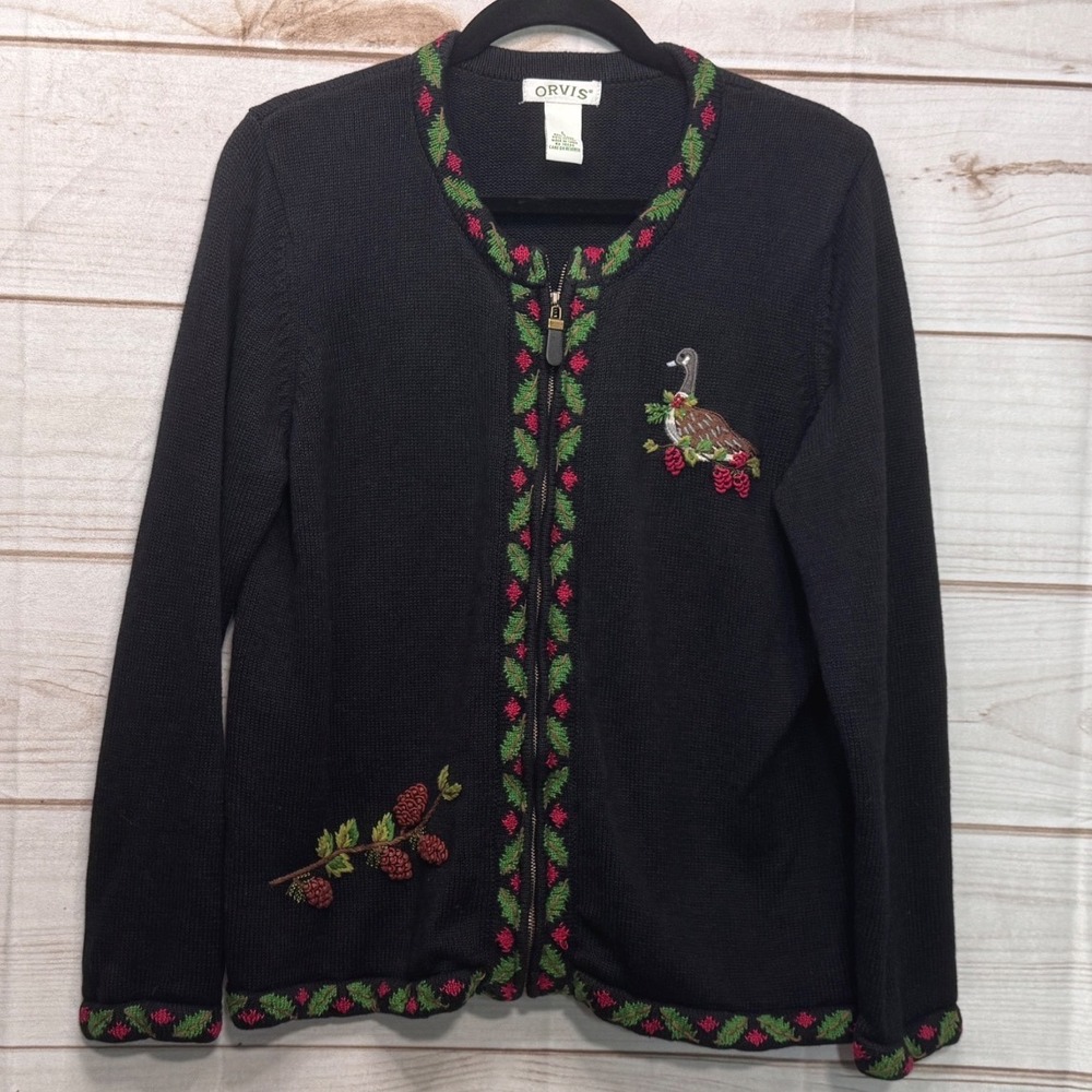 Orvis Womens Black Full Zip Cardigan Sweater Embroidered Goose Berry Large